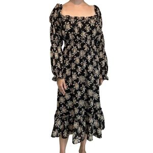 ASTR the label Midi Dress Long Sleeve Black Floral Cottagecore Fall Size Small